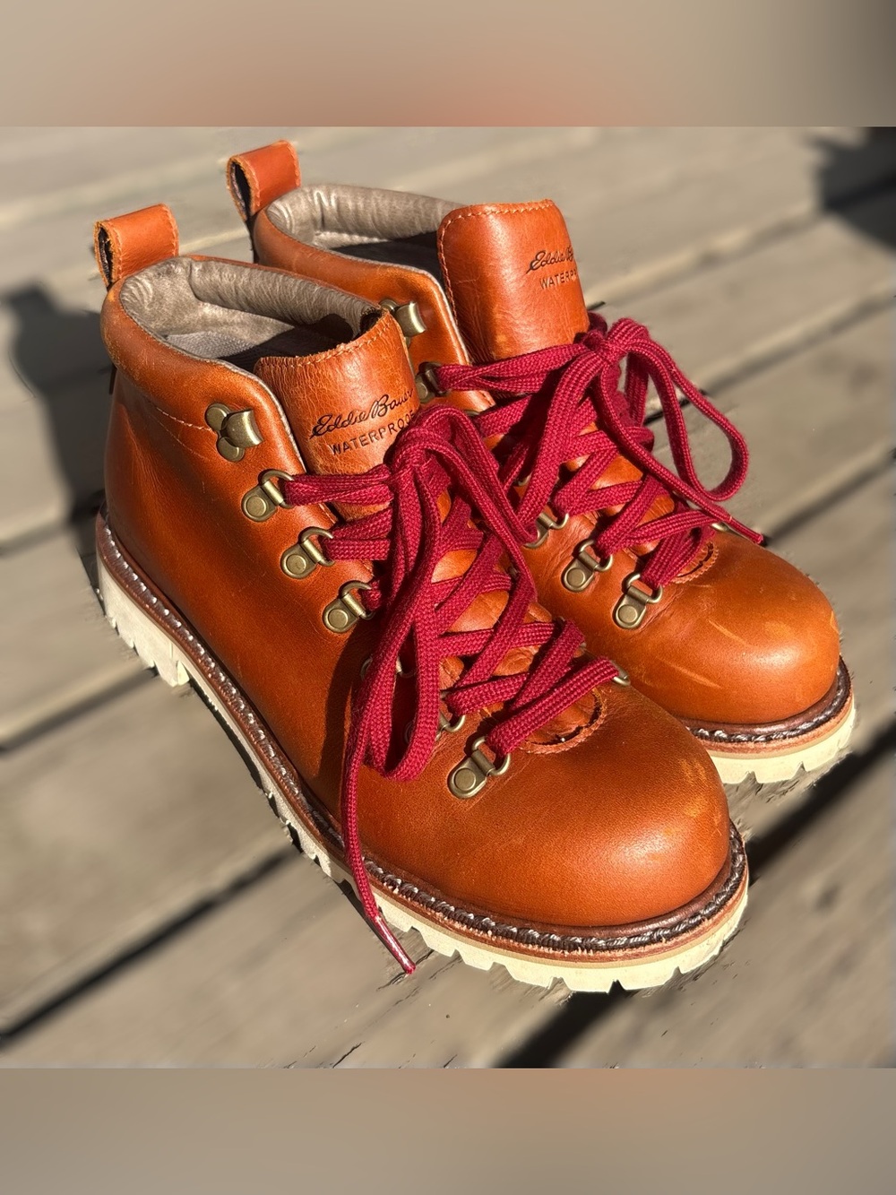 Eddie Bauer Tan Leather Hiking Boots with Burgundy Laces